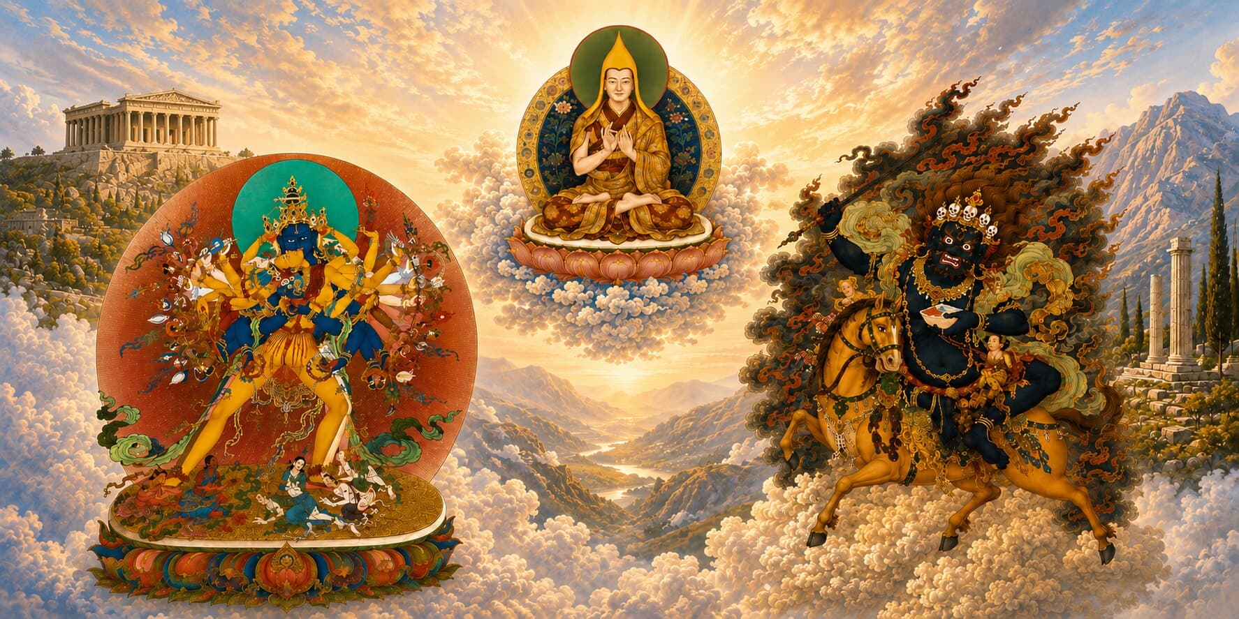 Thangka banner: the five Dhyani Buddhas above Kalachakra, Lama Tsongkhapa, Lama Caroline and Palden Lhamo, set between the Acropolis of Athens and the temple of Delphi.